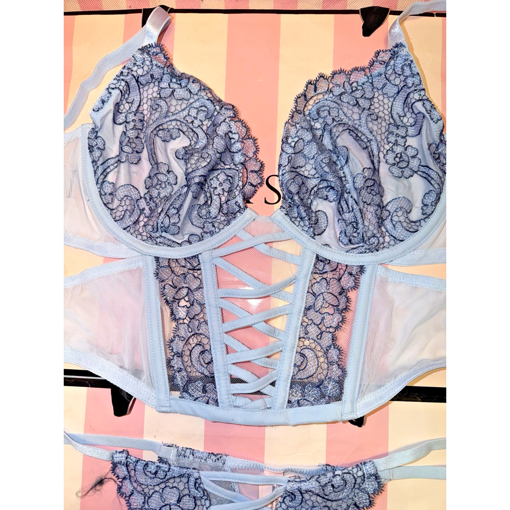 Victorias Secret Bra Top Corset Clubbing Top & Thong Blue Paisley Medium (DD) - Picture 3 of 4